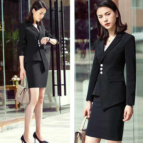 

two piece dress elegant fashion ladies skirt set long sleeve single breasted notched womens office uniform business suit with blazers plus s, White