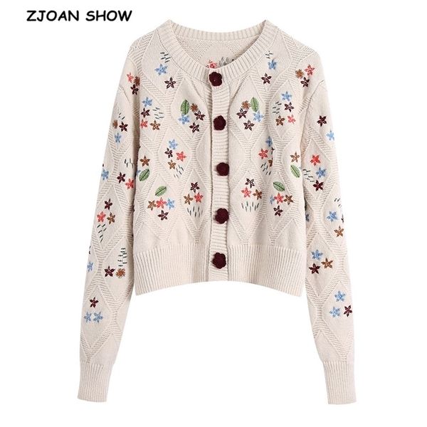 Herbst Winter Französische Blumenstickerei Strickjacke Kawaii Retro Pullover Mantel Mittelknöpfe Frau Langarm Kurzpullover 210429