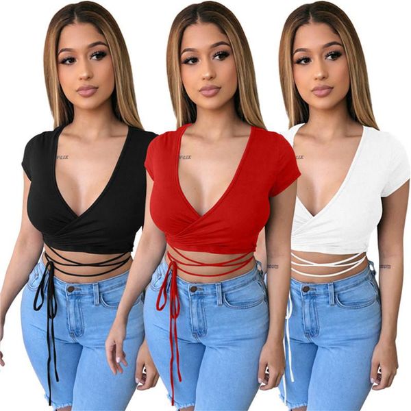 

women summer t-shirt short sleeve v-neck crop fashion lace-up solid color exposed navel for ladies female women's, White