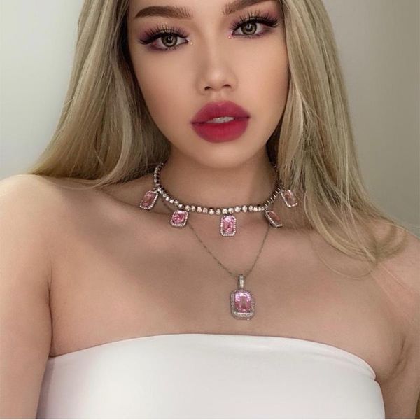 

lacteo luxury multilayer square shape bling rhinestone pendant necklace for women trendy twist clavicle chain choker necklaces, Silver