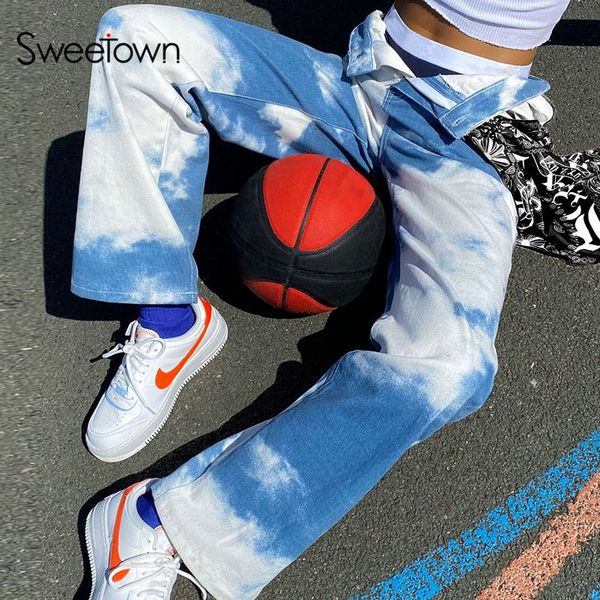 

sweetown tie dye streetwear cargo pants women preppy style girls holiday outfits high waisted straight jogger pants gothic y2k, Black;white