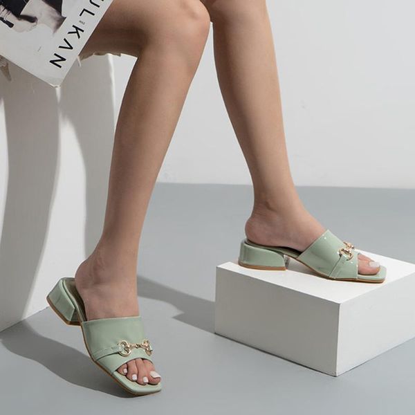 

slippers style 2021 sandales femmes slipper fashion green pu leather open toe square heel sandals lady casual, Black