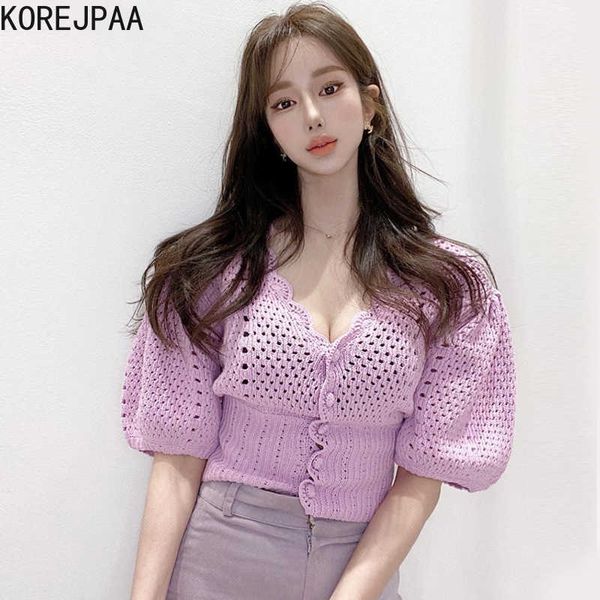 Korejpaa mulheres camisola verão coreano menina chique elegante temperamento ondulado lado v-pescoço de v-pescoço manga soprante oco tricodador Cardigan 210526