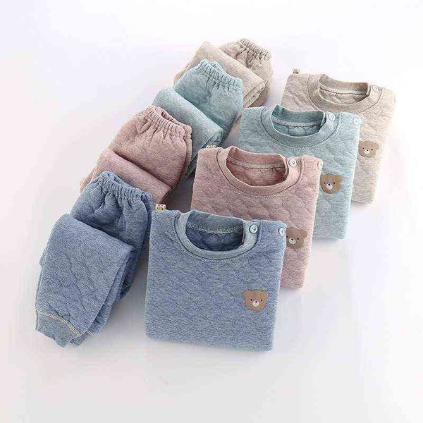 

baby boy clothes toddler girl 1-6t children's cartoon bear pattern quilted thick warm casual three-layer thermal underwear set g0119, White