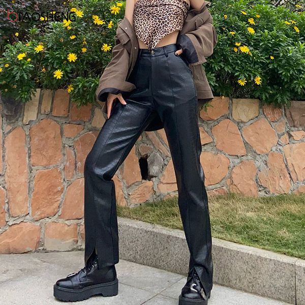 

women's black faux leather pants lady pu loose pencil trousers streetwear fashion elegant high waist straight female pants, Black;white