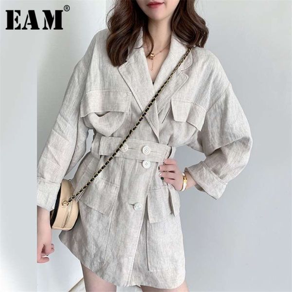 

[eam] loose fit linen button split joint big size jacket lapel long sleeve women coat fashion tide spring 1x5010 210928, Black;brown