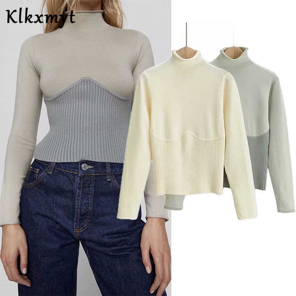 

klkxmyt za turtleneck sweater women fashion splicing knitted vintage long sleeve female pullovers chic 210527, White;black