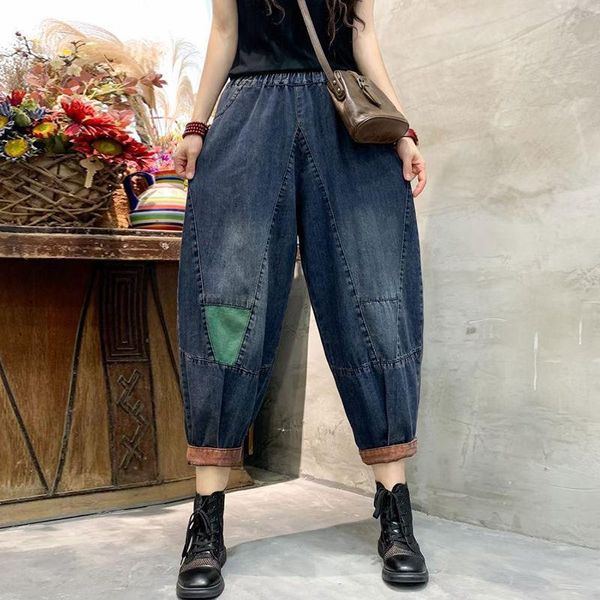 

women's jeans 2021 summer arts style women elastic waist loose vintage all-matched casual cotton denim harem pants v374, Blue