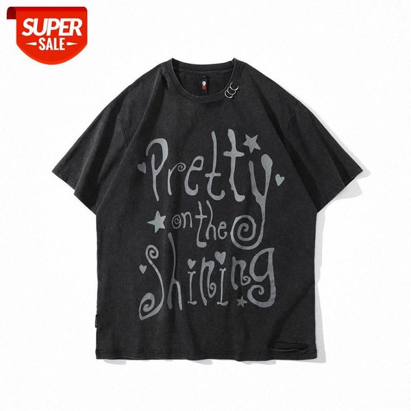 

european and american hipsters high street old washed printed t-shirt retro letter printing short-sleeved tee men women #hq4a, White;black