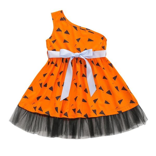 

girl's dresses infant baby girls slanted shoulder dress with bow belt halloween costume mesh stitching decor, Red;yellow