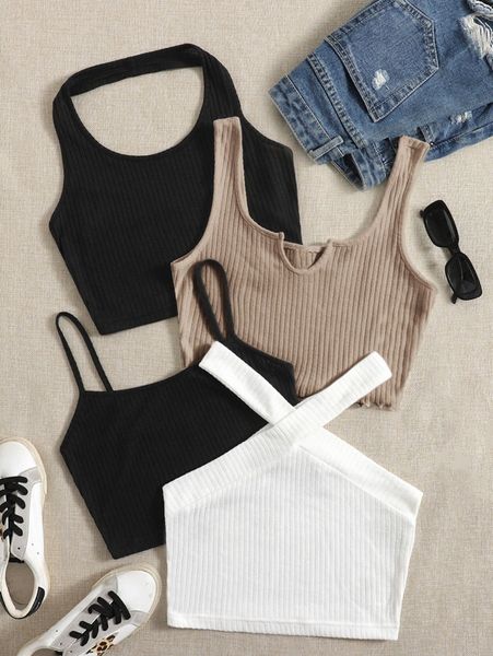 

4pcs solid ribbed knit crop k85k#, White
