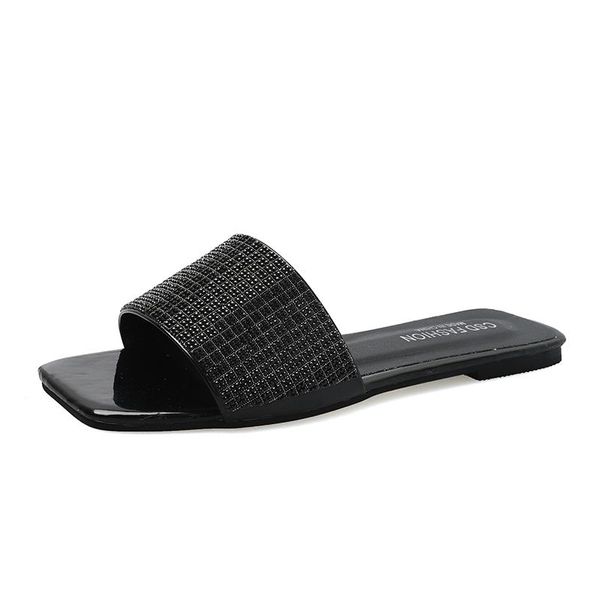 

slippers european female summer fashion sandals women's shoes 2021 word drag wild flat bottom rhinestone korean beach, Black