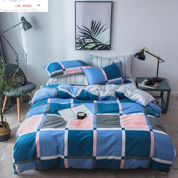 

bedding sets 100% cotton pink blue plaid  double size duvet cover set bed sheet 4pcs for kids and adults bedclothes