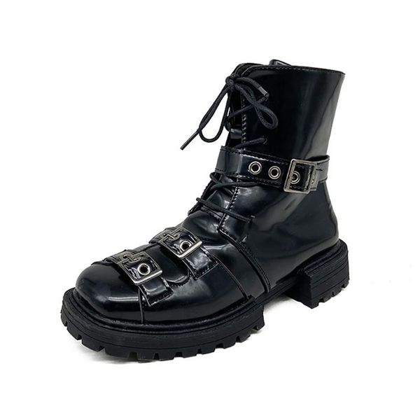 

boots 2021 rivets faux leather booties buckle straps thick heel black ankle women studded decorated woman motorcycle