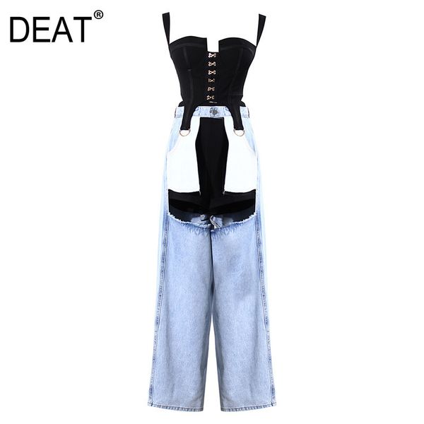 

[deat] black single breasted vest full length cut-out jeans and black shorts wide leg pants women 3-piece set spring gx899 210428, White
