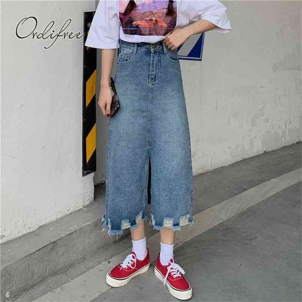 

summer women denim skirt split casual high waist ripped jeans 210513, Black