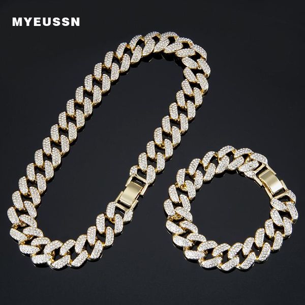

bling hip hop bracelet 3 drainage drill miami cuban necklace male silver color crystal set jewelry gift chains