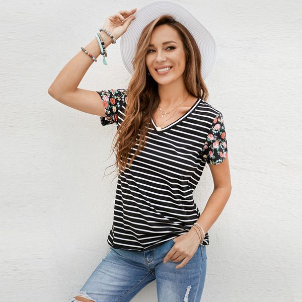 

summer t shirt shiying short sleeve female 2021 stripe stitching 2515456, White