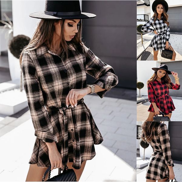 

women's dresses 2021 autumn and winter fashion lapel print shirt skirt, Black;gray