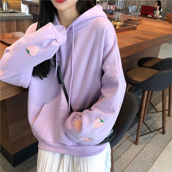 

women's hoodies & sweatshirts winter harajuku plus velvet hooded sweatshirt ulzzang fashion loose strawberry long sleeve pullover casua, Black