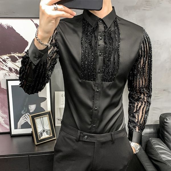 

men's casual shirts transparent men long sleeve club party social blouse slim fit luxury dress camisa masculina 25rj, White;black