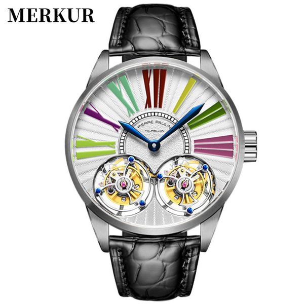 

wristwatches merkur 42mm dual tourbillon watches for men luxury skeleton men's mechanical wristwatch manual winding clock sapphire leat, Slivery;brown