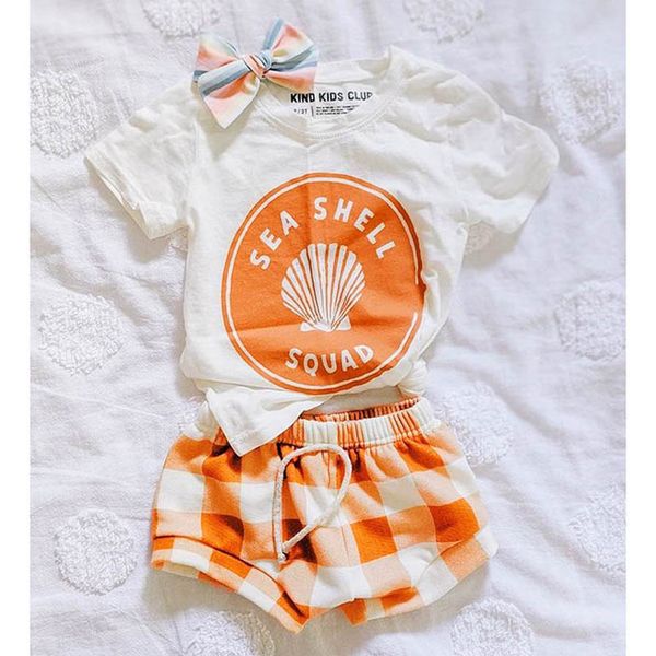 

baby clothing sets girls outfits infant clothes kids wear summer short-sleeved letter shell print t-shirts shorts bows headbands 3pcs suits, White