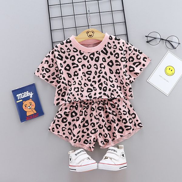 

2021 summer new children leopard print two piece girls' baby short sleeve suit 0-4 years old, White