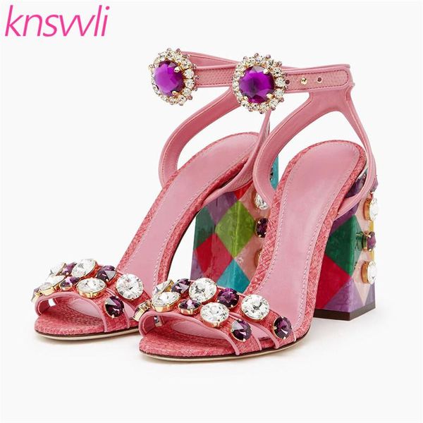 

pink cane chunky high heels sandals crystal jewels luxury dress party shoes woman rhinestone designer sandalias mujer, Black