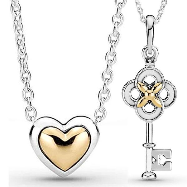 

chains 100% 925 sterling silver gold color key & flower domed golden heart collier necklace fit bead charm diy jewelry