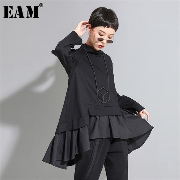 [Eam] Ajuste solto Assimétrica babados Suéter de alta colar de manga comprida Mulheres tamanho grande moda primavera outono 1a529 210809