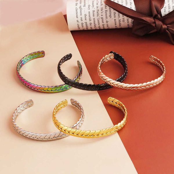 

stainless steel butterfly bracelet for women fish bone wheat design bohemian open adjustable cuff bangle rose gold black color q0719