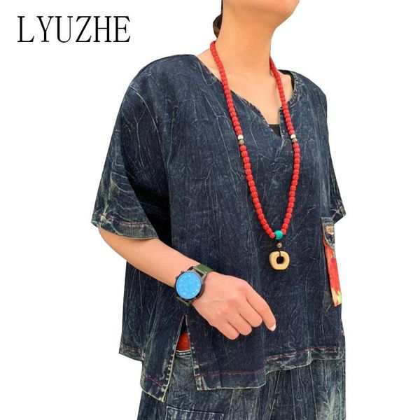 

women's t-shirt lyuzhe large size women blue denim t shirt 2021 flower pocket female vintage loose zqy078d, White