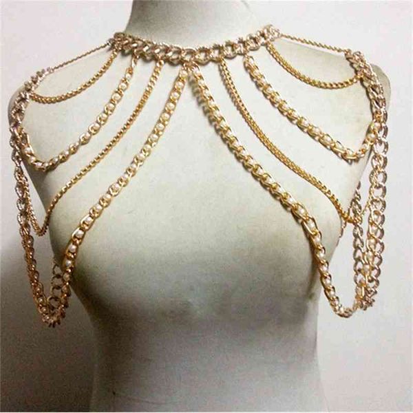 

chran fashion women gold color body necklace chain charm multi layer faux pearl shoulder slave belly belt harness jewelry, Silver
