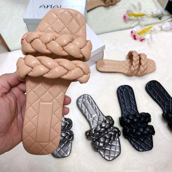 

weave leather women slipper low heels prom platform slippers open toe flat casual slides square flip flop, Black