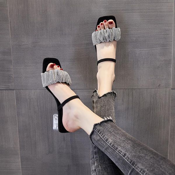 

sandals summer women slippers high heel shoes for peep toe heels party wedding mules woman casual square, Black