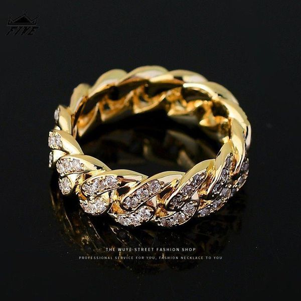 

cluster rings wjr same style cuban link chain ring full zircon trendy men and women tail hip-hop street personality ornament luxury, Golden;silver