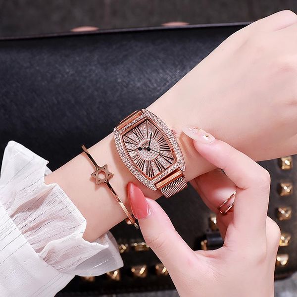 

wristwatches 2021 women's watches luxury diamond quartz ladies tonneau magnetic mesh watch women simple female wrist clock woman, Slivery;brown