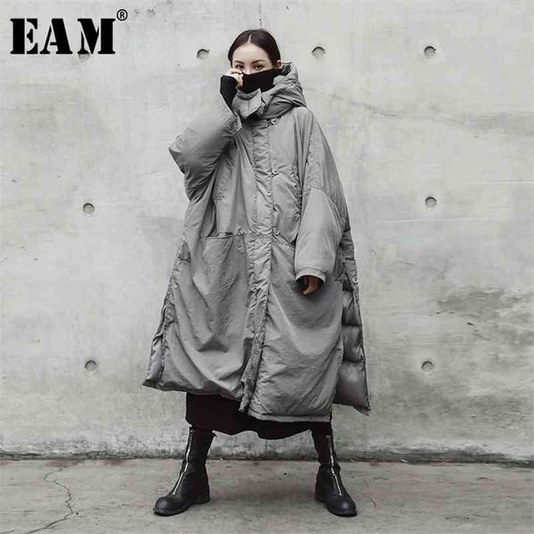 

[eam] hooded cotton-padded gray oversize long warm coat sleeve loose fit women parkas fashion spring autumn je02002 210910, Black