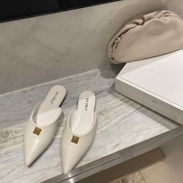 

slippers ladies muller shoes shallow mouth flat summer pointed rivet sandals and wild baotou half, Black