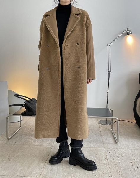 

women's fur & faux woman warm real wool long coat 26mv, Black