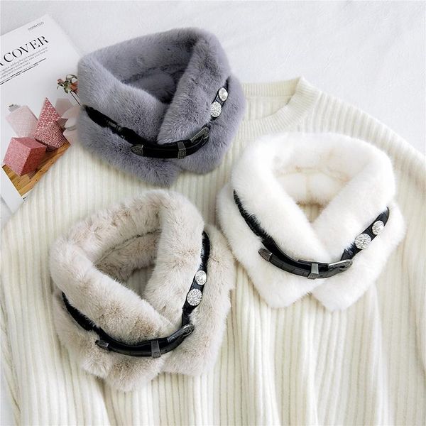 

scarves winter plush neck warmer imitation fur faux loop scarf leather belt buckle thicken collar shawl solid color, Blue;gray