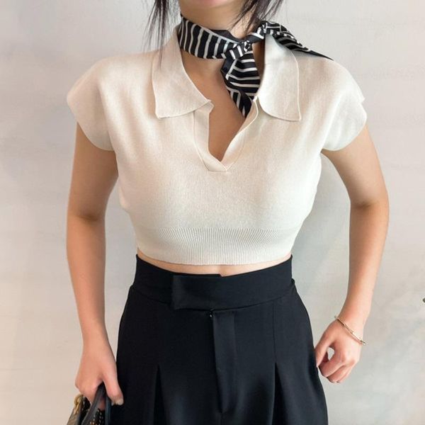 

women's t-shirt fashion chic knitted crop t shirt woman turn-down collar simple slim all match casual t-shirts women pulovers white