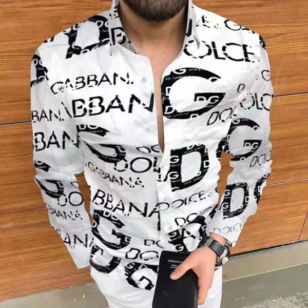 

men's casual shirts spring autumn luxury slim fit print long sleeve shirt hawaii male single-breasted letter printing clothing, White;black