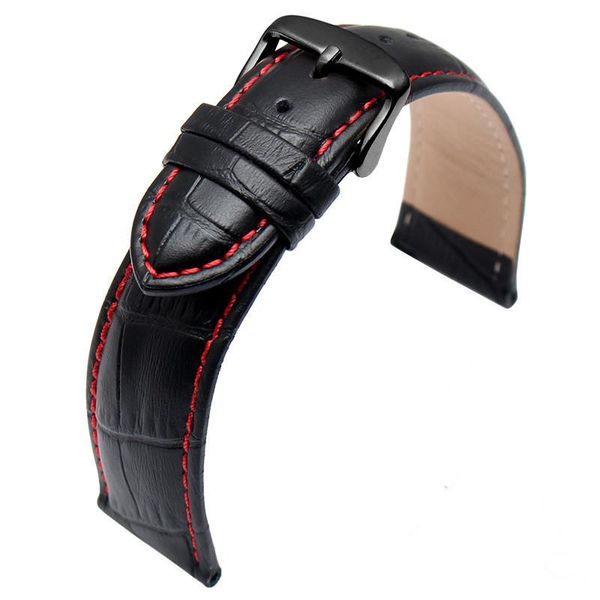 

watch bands genuine leather cowhide black strap band 22mm red stitch watchband quick release for men women accessories wristband, Black;brown