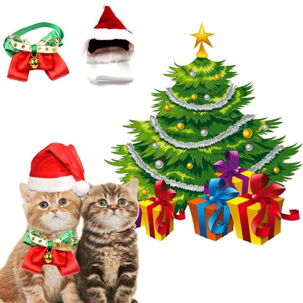 

2pcs/set funny cat bow tie christmas hat set pet puppy year costume jingle bell collar santa claus accessories dog collars & leashes