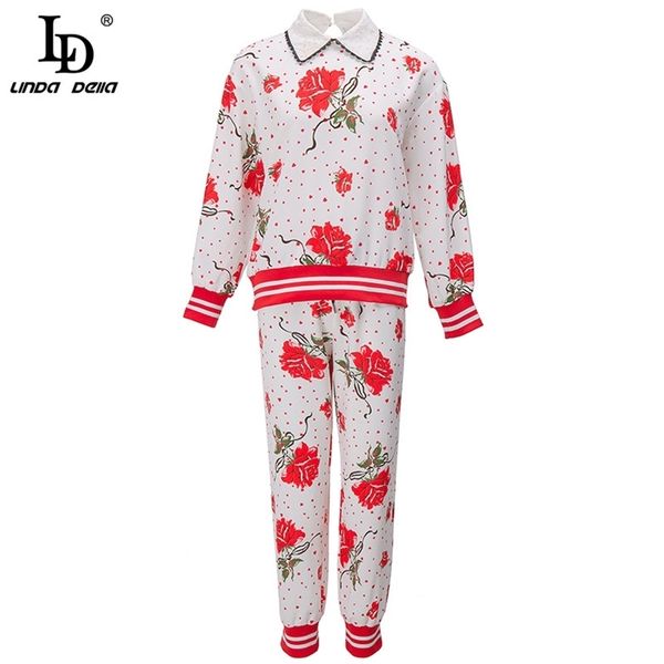 

runway designer fashion suit autumn long sleeve dot floral print and ankle-length pants 2 pieces set 210522, White