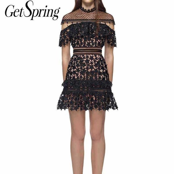 

getspring women dress black lace es short sleeve high waist hollow out vintage embroidery ladies es 210601, Black;gray