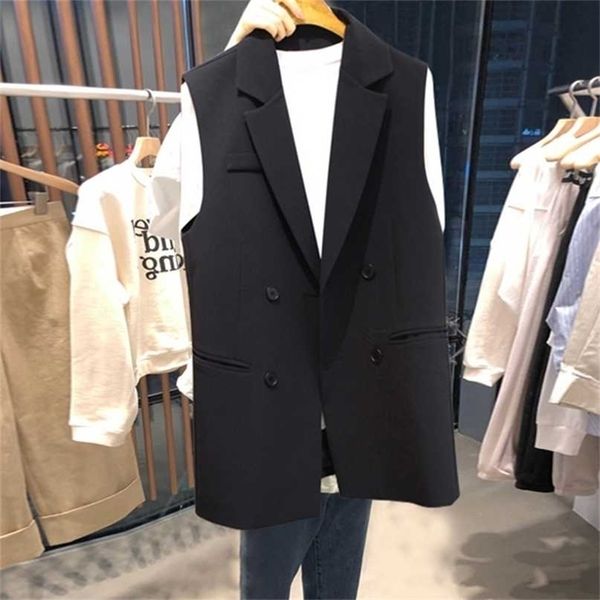 Abito da donna primaverile e autunnale Giacca lunga da donna casual doppiopetto nera di alta qualità Blazer da ufficio senza maniche 211122