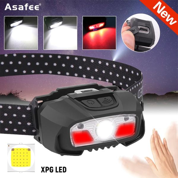 

headlamps mini powerful headlight xpg + 2*led head lamp sensor switch type-c rechargeable built-in 800mah battery ipx65 waterproof torch